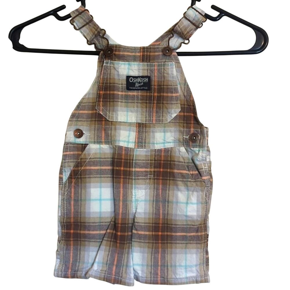 OshKosh B'Gosh Brown Plaid Bib Overall Vestbak Cotton Short Baby Size 12 Months